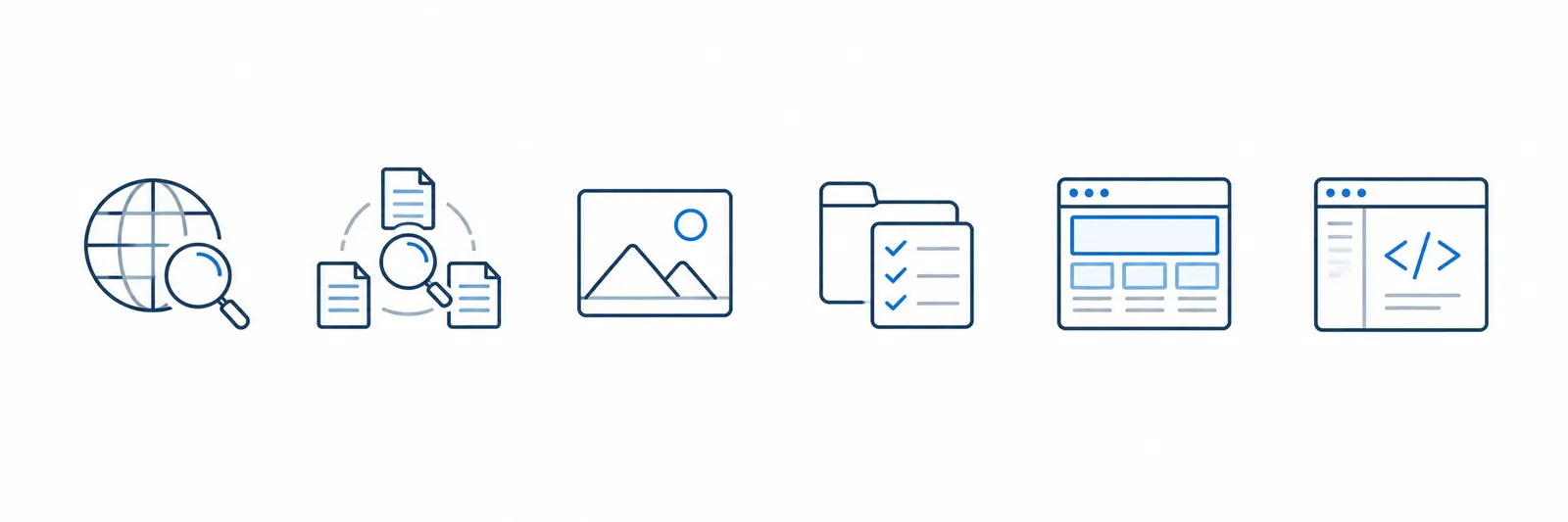 Six pictogrammes en trait : recherche web, recherche approfondie, images, fichiers et tâches, sites, code.