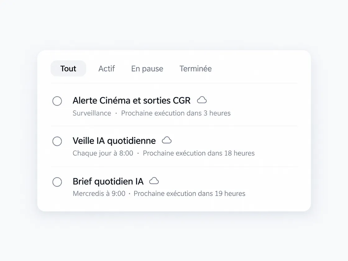 L’écran des tâches planifiées de ChatGPT : veille quotidienne, brief hebdomadaire et alerte, avec leur prochaine exécution.