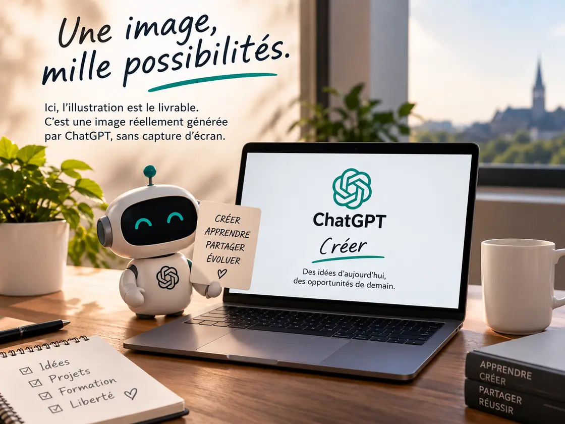 Une image générée avec ChatGPT : un poste de travail, un carnet et l’écran ouvert sur la fonction Créer.