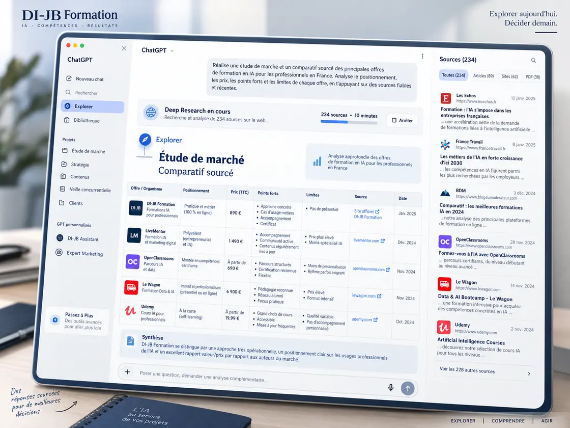 Une session ChatGPT en recherche approfondie : le comparatif d’offres se construit à côté de la liste des sources datées.